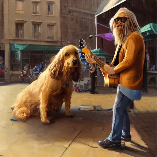 Image similar to oil painting of a young man with long hair blond and a beard hippie style with his golden retrever dog playing guitar in the square for money, people watching around, by greg rutkowski, artstation