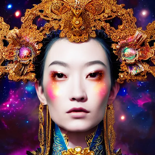 Image similar to a beautiful empress portrait, with a brilliant, impossible striking big cosmic galaxy headpiece, clothes entirely made out of cosmos chaos energy, symmetrical, dramatic studio lighting, rococo, baroque, jewels, asian, hyperrealism, closeup, D&D, fantasy, intricate, elegant, highly detailed, digital painting, artstation, octane render, 8k, concept art, matte, sharp focus, illustration, art by Artgerm and Greg Rutkowski and Alphonse Mucha