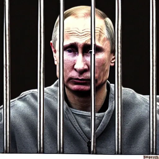 Prompt: Vladimir Putin crying behind bars, ugly, smooggy, dark, filthy, rat, garbage, worms