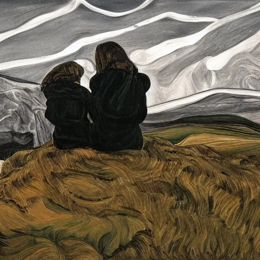 Image similar to a portrait of two beautiful sisters in a scenic environment by lucian freud