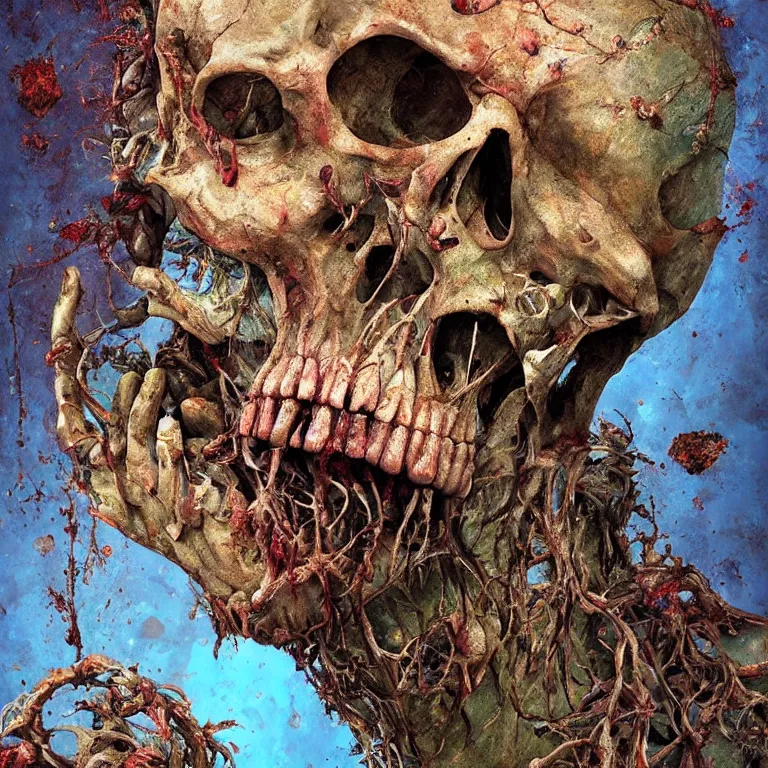 Image similar to A beautiful oil painting hyperrealism of a decayed zombie head, rotting clay skin, skull bones, veins of moss, 8k resolution, octane render, Trending on artstation, by Gediminas Pranckevicius, volumetric light 2blue fractal Thunder glow by dan mumford, anaglyph effect, Laurie Lipton