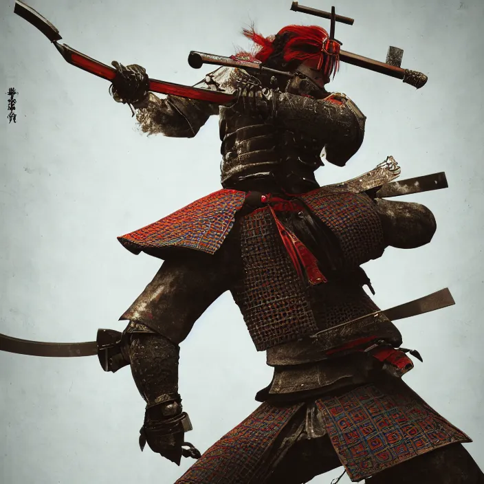 Prompt: a samurai firing a machine gun, au naturel, intricate, hyper realise, digital art, artstation, concept art, smooth render, sharp focus, ian sprigger, popularity choi, nixeu