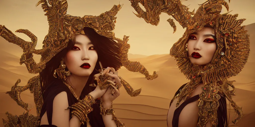 Prompt: giesha demon, innovative avant - garde art, deco fashion, asian women, highly detailed, photorealistic portrait, serene desert setting, crisp quality and light reflections, octane render, taror card with ornate border frame