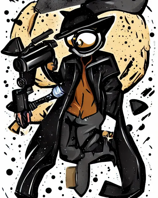 Prompt: a fox wearing a black trench - coat holding a diamond studded mini - gun, comic art style, digital art,