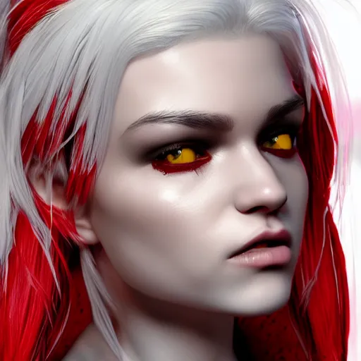 Image similar to a highly detailed beautiful portrait of a humanoid demon girl with white hair, red horns, in white clothes, artstation, deviantart, professional, unreal engine 5, photorealistic