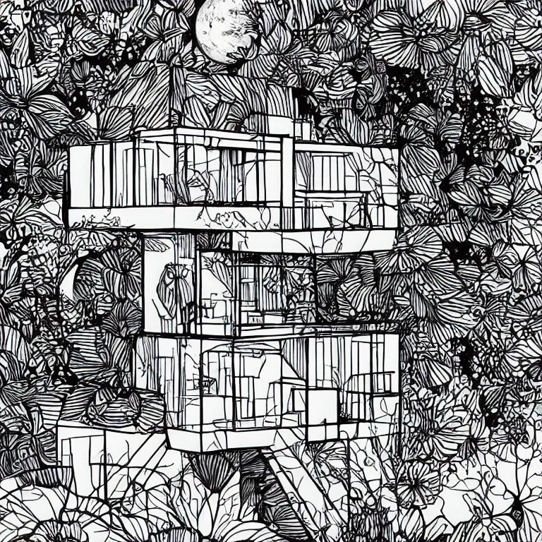 Image similar to a house floating in space, black and white, botanical illustration, black ink on white paper, bold lines, white border