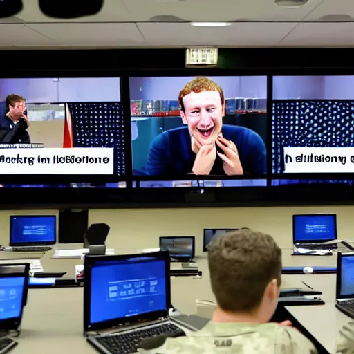 Image similar to laughing mark Zuckerberg at a busy military situation room with giant monitors. Cross hairs and military vision are on the screens.