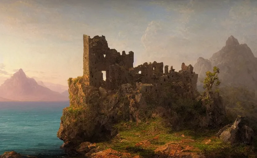 Image similar to ruins of a castle on a hill overlooking the ocean, close up shot, rocky, at dusk, distant mountains, 4k, rule of thirds, extreme detail, hazy water, intricate ink illustration, trending on artstation, cgsociety, hd, calm, complimentary colours, realistic lighting, by Albert Bierstadt, Frederic Edwin Church.