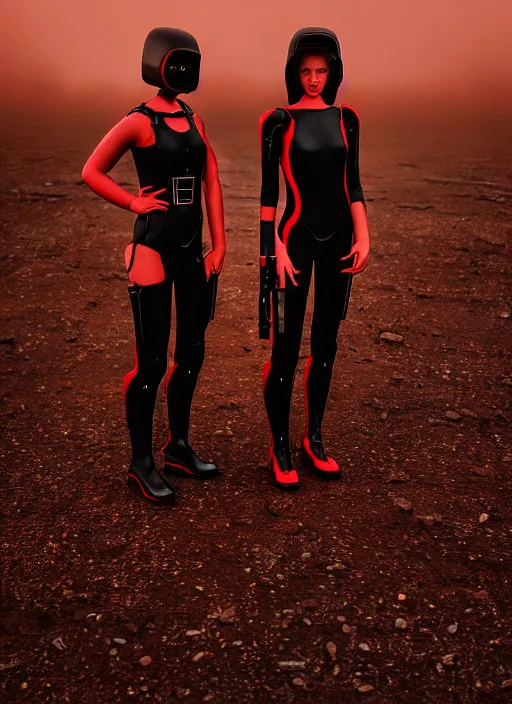 Prompt: cinestill 5 0 d photographic portrait of two scandalous loving female androids wearing rugged black techwear body suits on a desolate plain with a red sky, extreme closeup, cyberpunk style, garters, dust storm, 8 k, hd, high resolution, 3 5 mm, f / 3 2, ultra realistic faces, ex machina