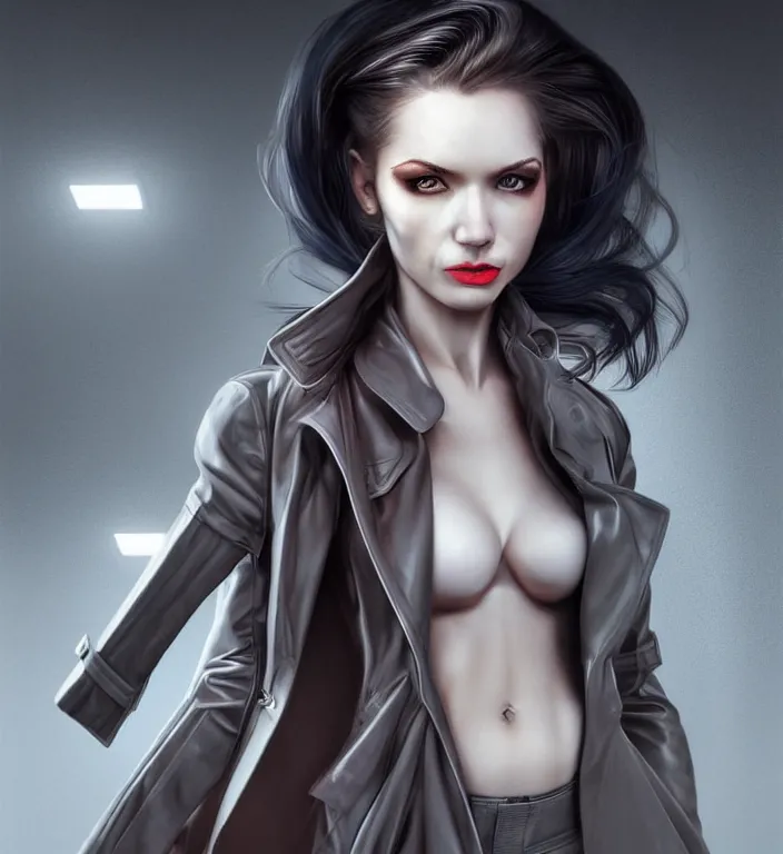 Image similar to photorealistic portrait of a beautiful half cyborg woman with a mischievous look, the half cyborg woman is wearing a long trench coat, in an underground parking garage, in the style of Artgerm and NeoArtCorE