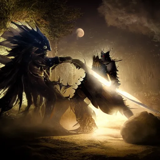 Prompt: Fight between a powerful demon and a knight, painting, volumetric lighting, moon light, , beautiful details, HDR, , action shot, wide angle, horror theme,