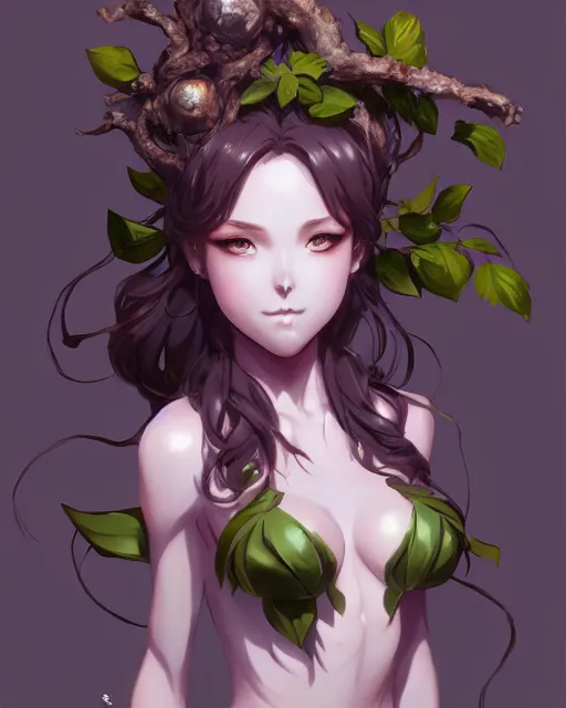 Image similar to character costume concept art of an anime dryad | | cute - fine - face, pretty face, realistic shaded perfect face, fine details by stanley artgerm lau, wlop, rossdraws, james jean, andrei riabovitchev, marc simonetti, and sakimichan, trending on artstation