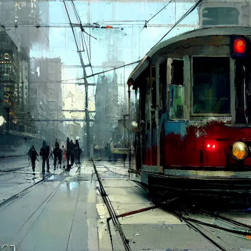 Image similar to toronto streetcars painting by jeremy mann