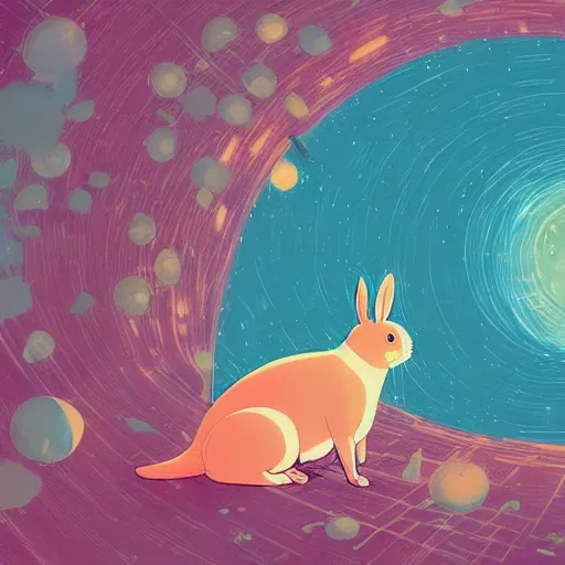 Image similar to A rabbit full of hope, looking for a black hole in an infinite time loop by Victo Ngai and Ghibli andlisk feng and atey ghailan