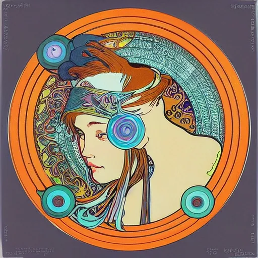 Image similar to trippy vinyl record picture disk designed by mucha, art nouveau style