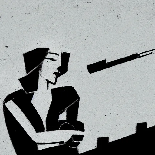 Prompt: concept art 1930's noir style female detective on rooftop above city smoking cigarette