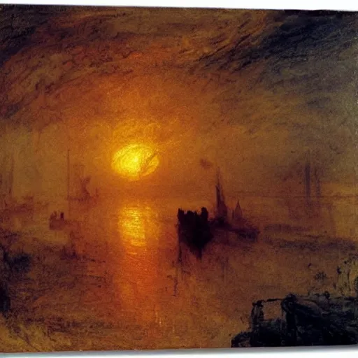 Prompt: sunset over the river william turner, atmospheric expressionism, vibrant
