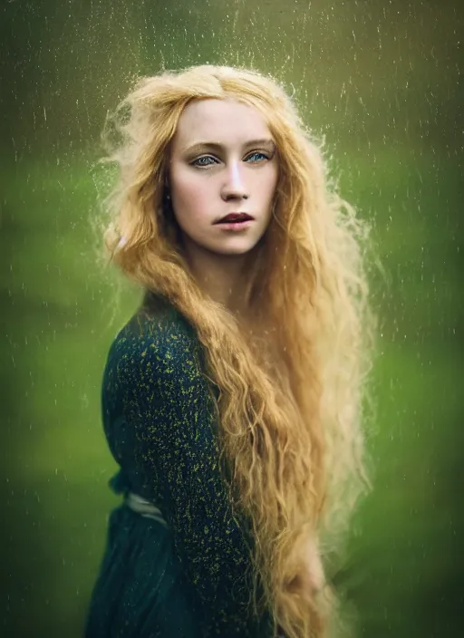 Image similar to cinestill 5 0 d photo of a pre - raphaelite blond beautiful woman, dreamy mood, fine art photography in style of gilles zimmermann, 1 5 0 mm, f 1. 2, emotionally evoking, head in focus, stormy rainy clouds outdoor, matt colour background, volumetric lighting, hyper realistic, ultra detailed