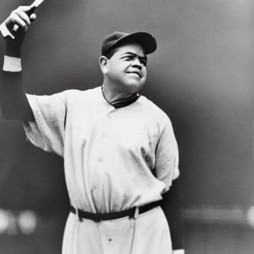 Prompt: a black and white still image of Babe Ruth taking a selfie.