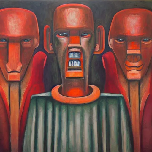 Image similar to three brutalist giant sacred robots visage, portrait, judge, cathedral, dystopian, pj crook, edward hopper, oil on canvas