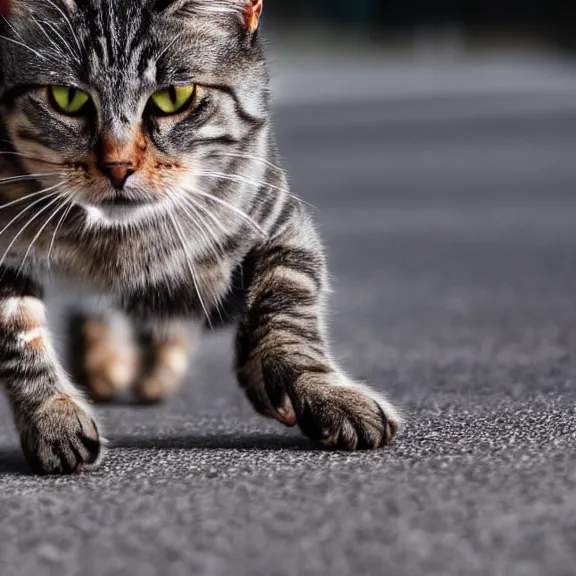 Image similar to close up wide angle photo of a brownish gray tabby cat running towards the camera, motion blur, dramatic