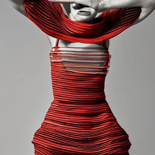 Image similar to woman wearing a cup!!!!!!!! ramen!!!!!!!! dress designed by issey miyake