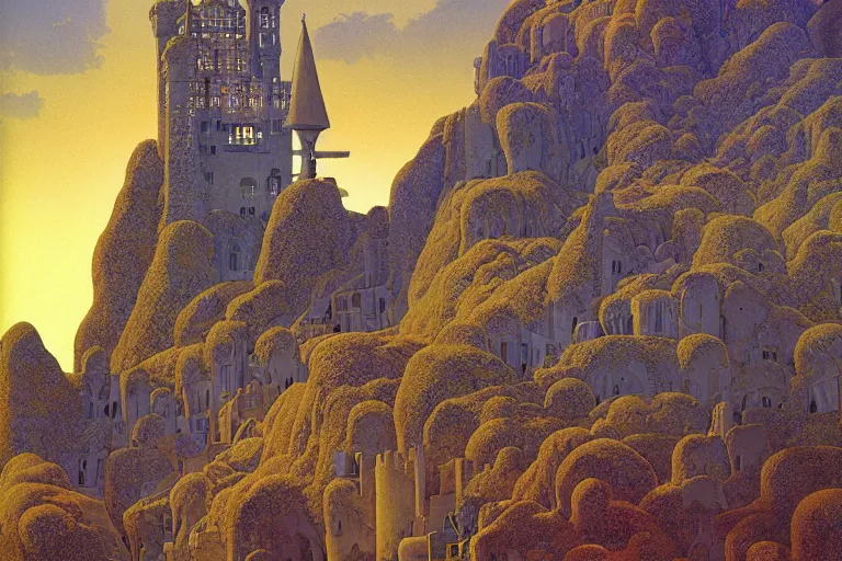 Prompt: a castle made of giant books, fantasy digital painting by maxfield parrish and michael whelan, intricate, photorealistic