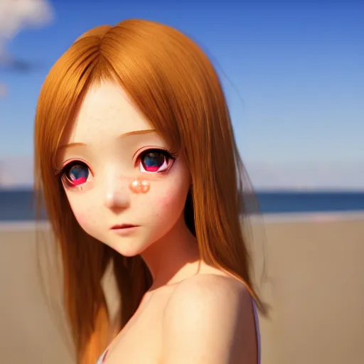 Image similar to Render of a very beautiful 3d anime girl, long hair, hazel eyes, cute freckles, full round face, short smile, cute sundress, golden hour, serene beach setting, medium shot, mid-shot, highly detailed, trending on Artstation, Unreal Engine 4k