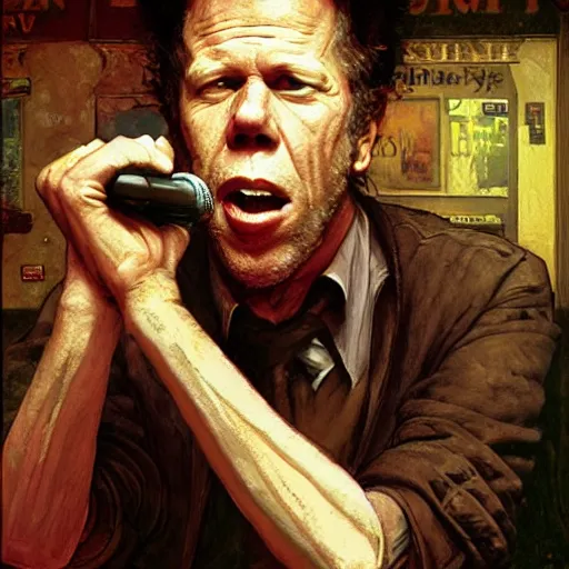 Image similar to Tom Waits singing in a pub, highly detailed, digital painting, artstation, concept art, smooth, sharp focus, illustration, art by james gurney and norman rockwell and greg rutkowski chuck close