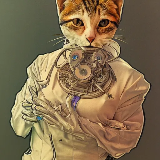 Image similar to high quality high detail portrait of a anthropomorphic cat radiologist in hospital background, ross draws, hyperrealism, intricate detailed, alphonse mucha, 8 k, sci - fi, pastel colors, artstation