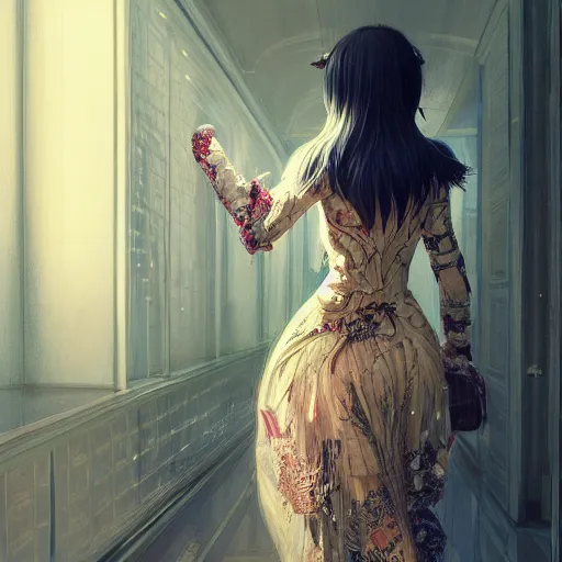 Prompt: beautiful girl in intricate clothing walking through a hallway reaching hands, reflections, very high intricate details, horror, painting, digital anime art, medium shot, mid - shot, wlop, ilya kuvshinov, artgerm, krenz cushart, greg rutkowski, sana takeda