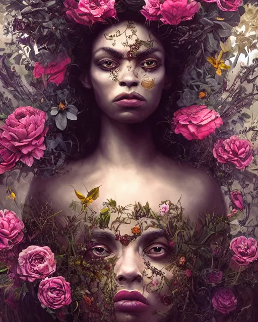 Image similar to portrait of the black queen of the underworld, surrounded by flowers by karol bak, james jean, tom bagshaw, rococo, sharp focus, trending on artstation, cinematic lighting, hyper realism, octane render, 8 k, hyper detailed.