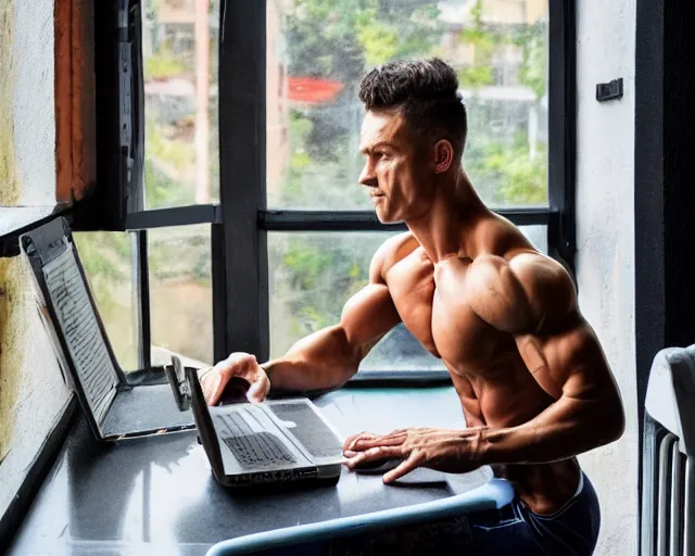 Prompt: extremely muscular gymnast fitness model sits in cafe window working on laptop detailed oil painting