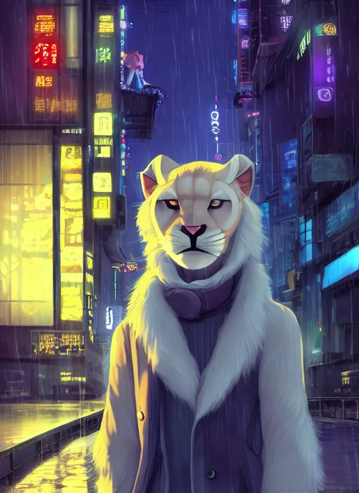 Prompt: character portrait of a male anthro albino mountain lion fursona with a cute beautiful attractive furry face wearing stylish clothes in a cyberpunk city at night while it rains. hidari, color page, tankoban, 4K, tone mapping, Akihiko Yoshida.