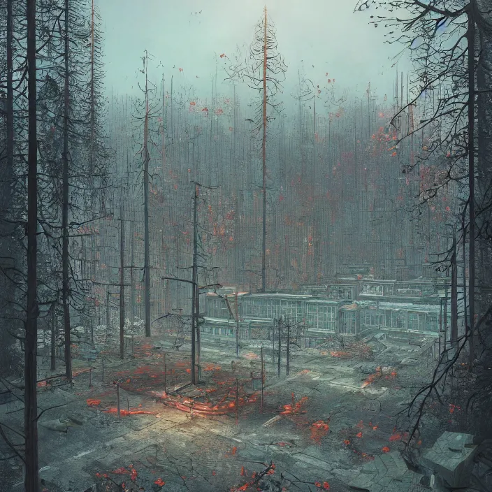 Image similar to a beautiful painting of pripyat by simon stalenhag and zdzisław beksinski and rene magritte and greg rutkowski, in style of digital art. hyper detailed, sharp focus, soft light. unreal engine 5. ray tracing. trending on artstation