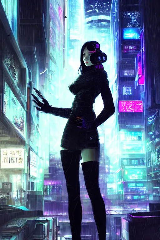 Prompt: portrait futuristic superb cyberpunk young female Summoner, in futuristic stormy heavy snowy thunder flashing tokyo rooftop cyberpunk night, ssci-fi, fantasy, intricate, very very beautiful, elegant, neon light, highly detailed, digital painting, artstation, concept art, soft light, hdri, smooth, sharp focus, illustration, art by tian zi and craig mullins and WLOP and alphonse mucha