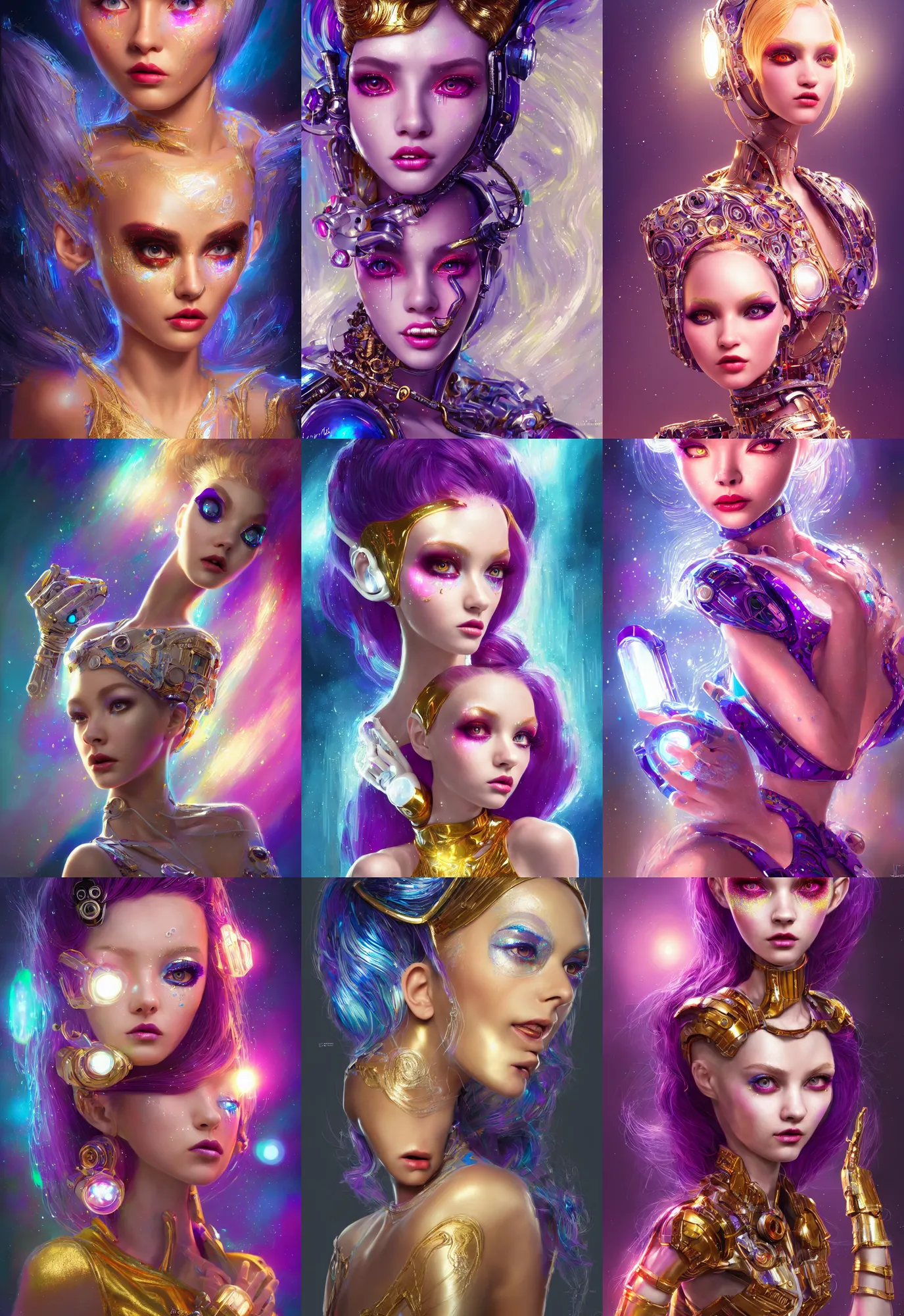 Prompt: pixar portrait 8 k photo, beautiful shiny white rich galactic gogo dancer clowncore russian cyborg college girl, golden ratio details, sci - fi, fantasy, cyberpunk, intricate, elegant, highly detailed, digital painting, ever after high, octane render, artstation, concept art, smooth, sharp focus, illustration, art by artgerm, loish, wlop