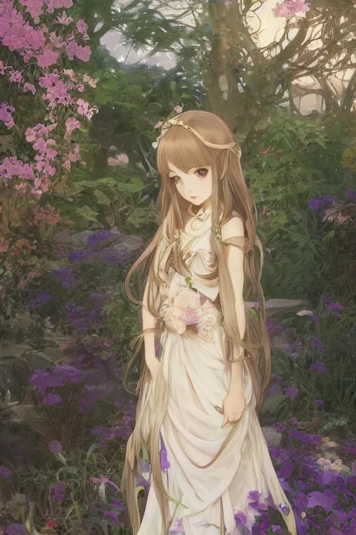 Image similar to a digital art of a loli with long hair in a dress in the privet garden at after noon, by krenz cushart and mucha and akihito yoshida and greg rutkowski and makoto shinkai, detailed eyes, 4 k resolution 、 trending on art station