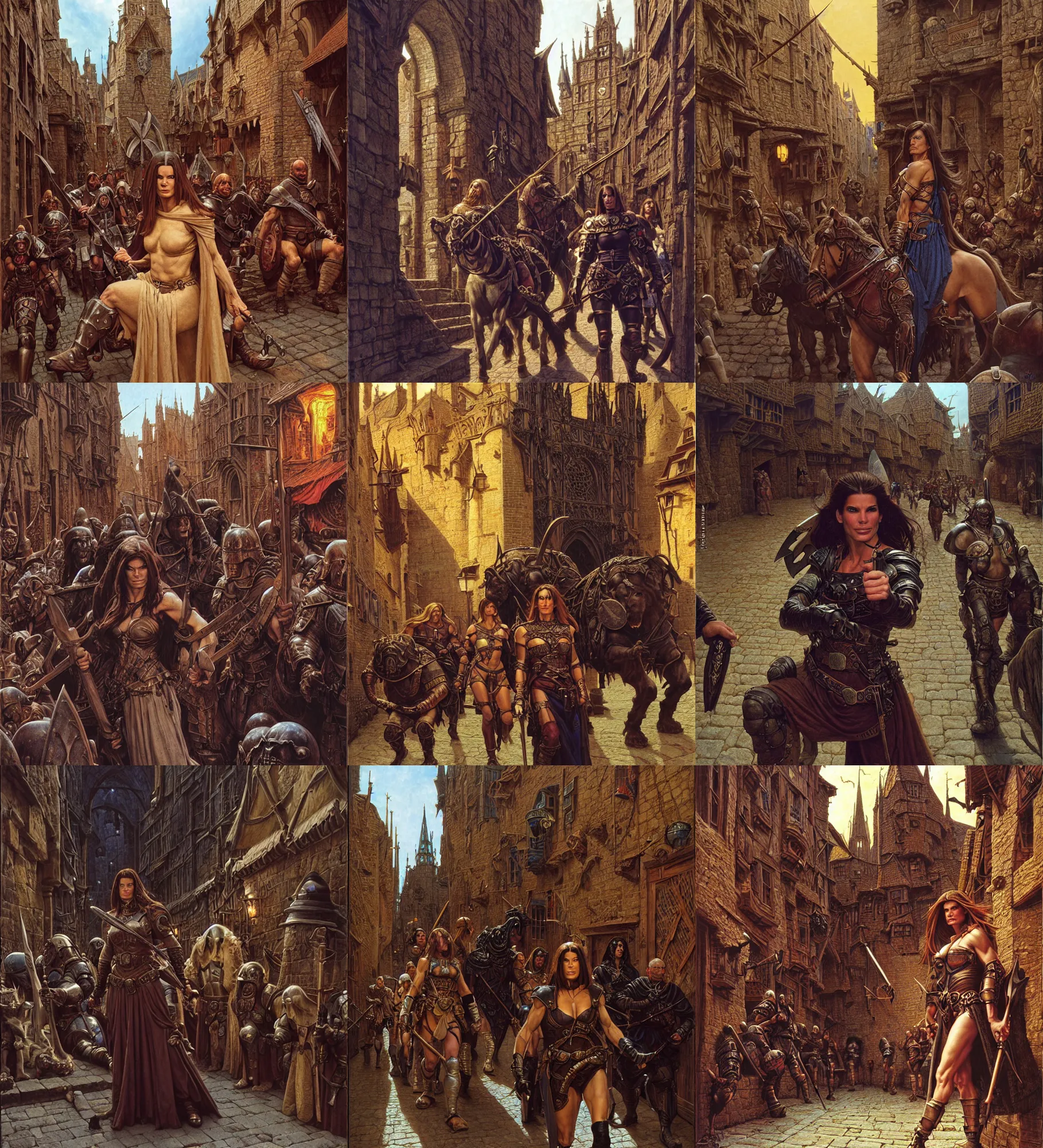 Prompt: close portrait of sandra bullock as muscled warrior heroine chilling in a cobbled medieval shopping street, gothic, epic composition, 2 0 0 mm focal length, donato giancola, tim hildebrandt, wayne barlow, bruce pennington, larry elmore