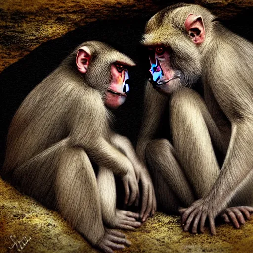 Prompt: two macaques looking at each other inside ancient cave, digital art, soft shadows, creepy art, drawn by shadman