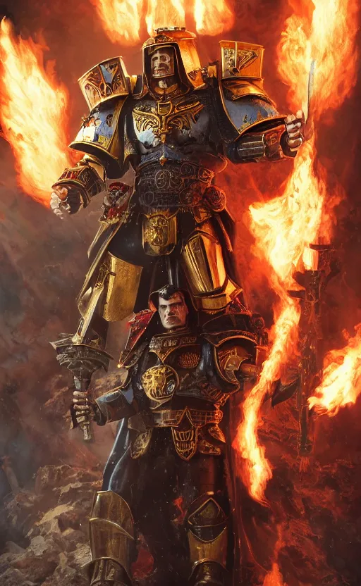 Image similar to 10 foot tall Henry Cavill as warhammer 40k Emperor of Mankind dressed in his golden power armor holding a flaming sword in his right hand. full-length portrait, beautiful face, long hair, painted by Donato Giancarlo and Annie Liebowitz, fine details, cinematic, highly detailed, octane render