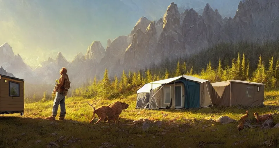 Image similar to cabela's beautiful comfortable carbon framed, modular insulated wall portable container home kit - house all weather family dwelling tent house, person in foreground, mountainous forested wilderness open fields, beautiful views, painterly concept art, environmental concept art, concept art illustration, by james gurney, by craig mullins, by greg rutkowski trending on artstation