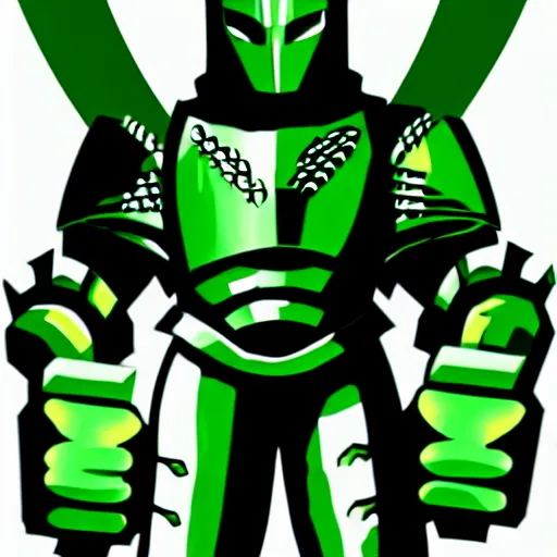 Image similar to a picture of a giant armour green man with his fist up, vector art by mor than, low angle, trending on deviantart, mingei, flat shading, prerendered graphics, marvel comics