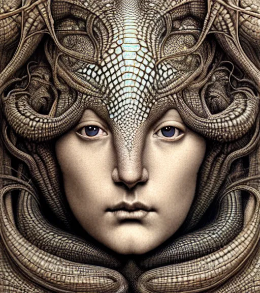 Prompt: detailed realistic beautiful lizard goddess face portrait by jean delville, gustave dore, iris van herpen and marco mazzoni, art forms of nature by ernst haeckel, art nouveau, symbolist, visionary, gothic, neo - gothic, pre - raphaelite, fractal lace, intricate alien botanicals, ai biodiversity, surreality, hyperdetailed ultrasharp octane render