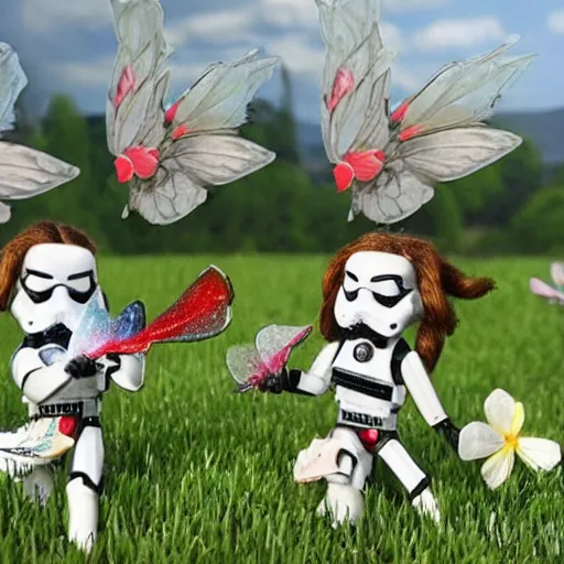 Image similar to little stormtrooper winged fairies, flying around the flowers in a sunny meadow