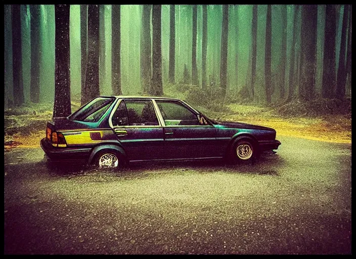 Image similar to “Illuminati in the mist of the forest, matter painting, mystical” !dream “BMW e30 driving through an underwater city, photo taken from a long shot, matter painting, iridescent small fish” H 896