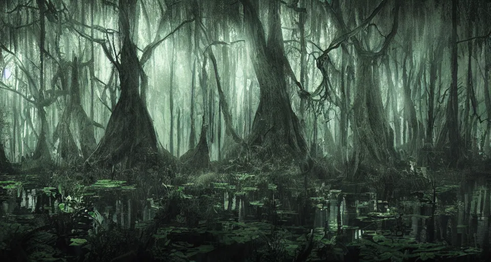 Image similar to A dense and dark enchanted forest with a swamp, by studio 4c