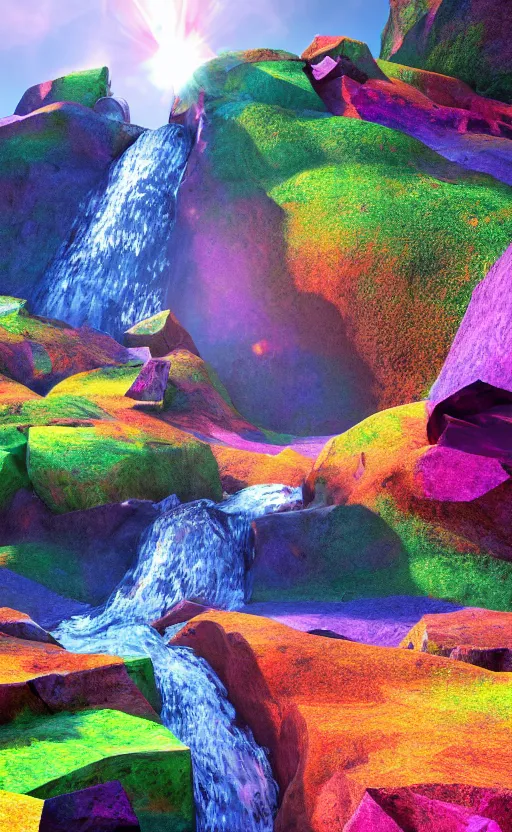 Image similar to looking up to a large rock mountain with a water fall flowing down from the top, the sun is behind it, neon colors, # 8 k, concept art, ultra detailed, photo, award winning