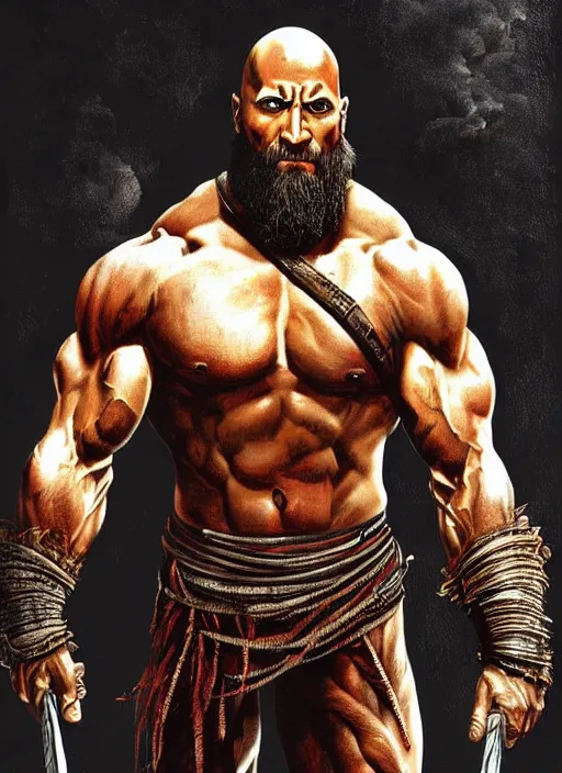 Image similar to a highly detailed beautiful portrait of dwayne johnson kratos hybrid god of war, spartan warrior, olympian god, muscular!!, james gurney, frank frazetta, boris vallejo, octane, fantasy