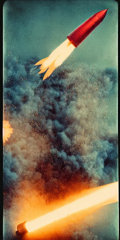 Prompt: kodak portra 4 0 0, wetplate, muted colors, blueberry, 1 9 1 0 s style, motion blur, photo of a launching rocket, backdrop, explosions, sparkling, by georges melies and by britt marling